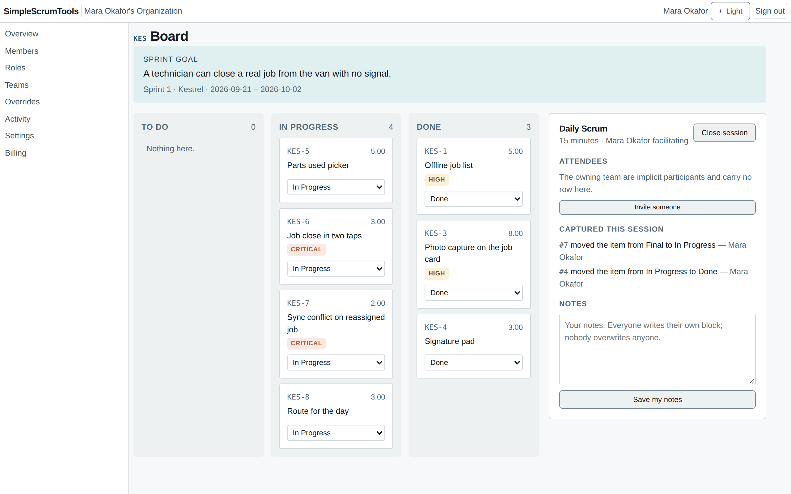 The active sprint board with a Daily Scrum session open beside it.