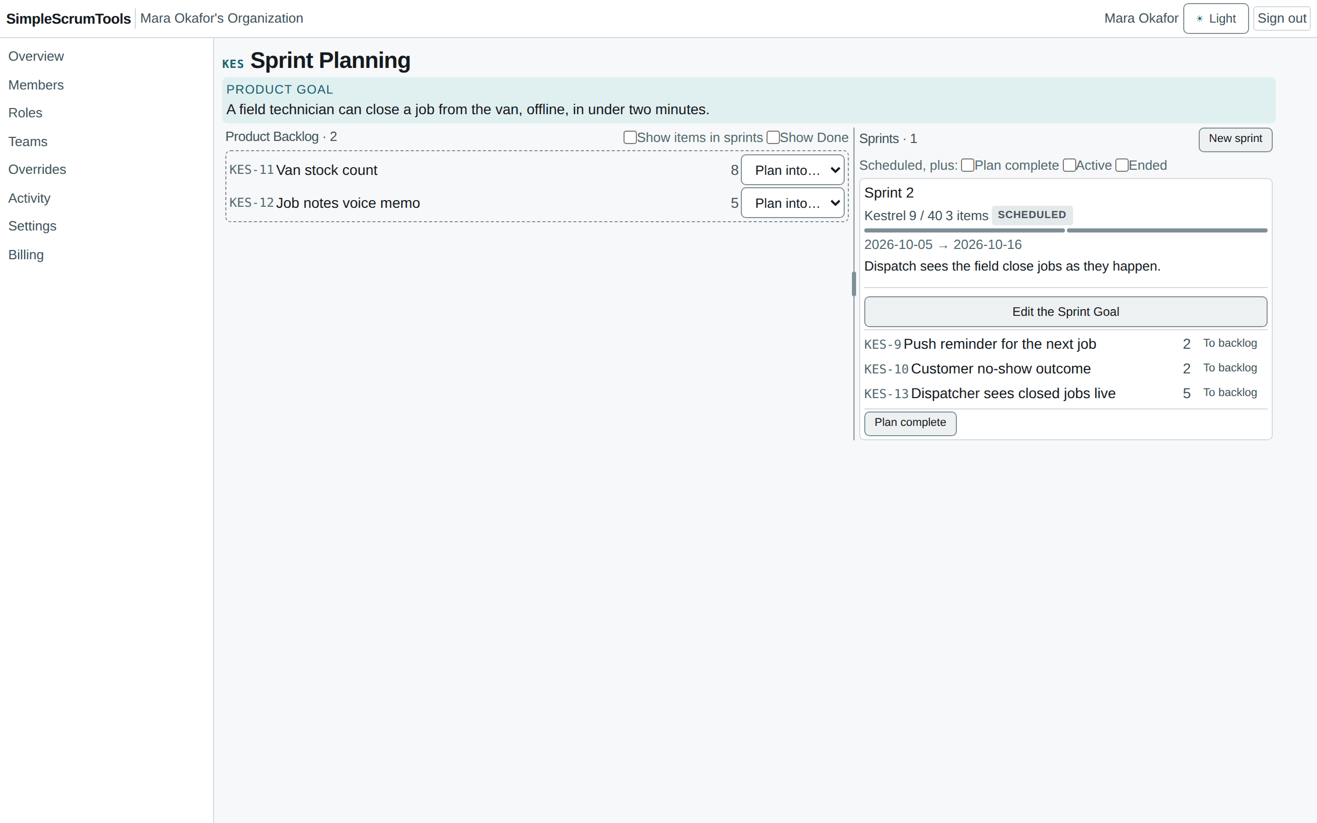 The sprint planning screen: the groomed backlog on the left, the sprint being filled on the right.